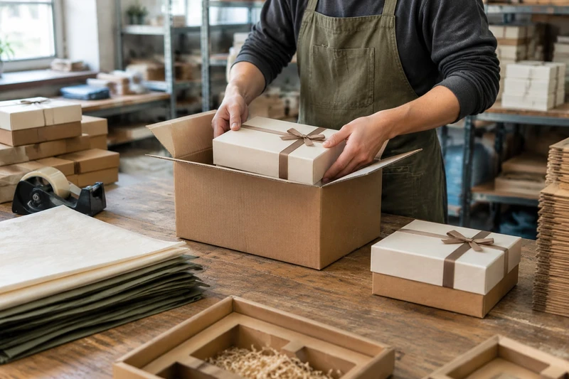 Ein Verpackungsmitarbeiter legt eine fertige Geschenkbox in einen Versandkarton