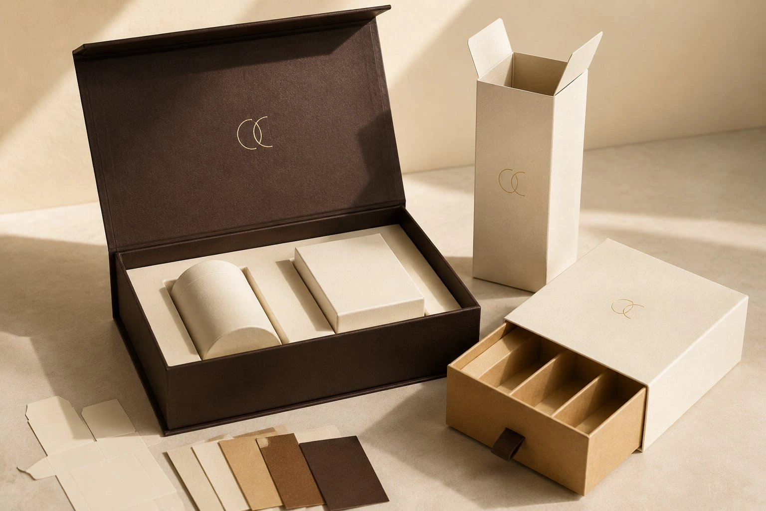 Eine abgestimmte Kollektion individueller Verpackungsschachteln in Creme, Kraftpapier und Braun